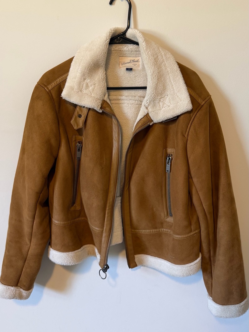 Faux Suede Sherpa-Lined Jacket - Brown/Tan